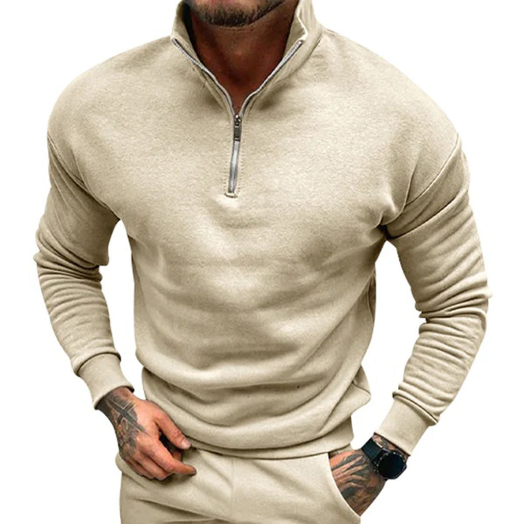 Quarter zip sweater for men with relaxed fit, drop shoulders and ribbed hem