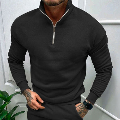 Quarter zip sweater for men with relaxed fit, drop shoulders and ribbed hem