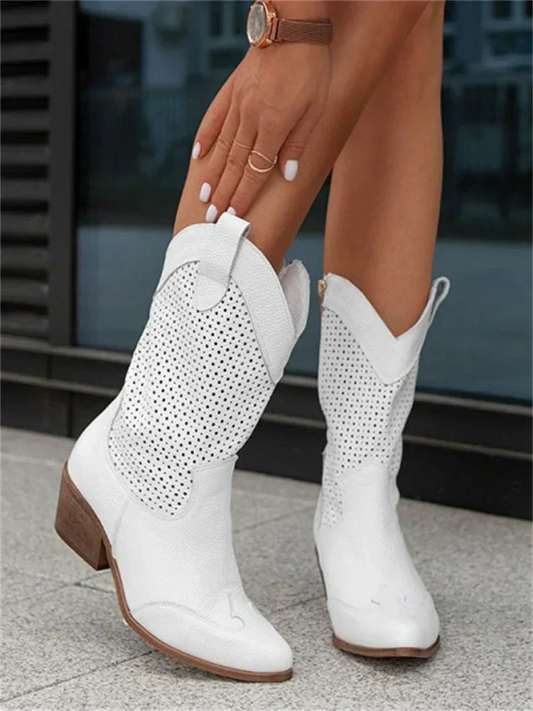 Cowboy boots for women with perforated detail and block heel