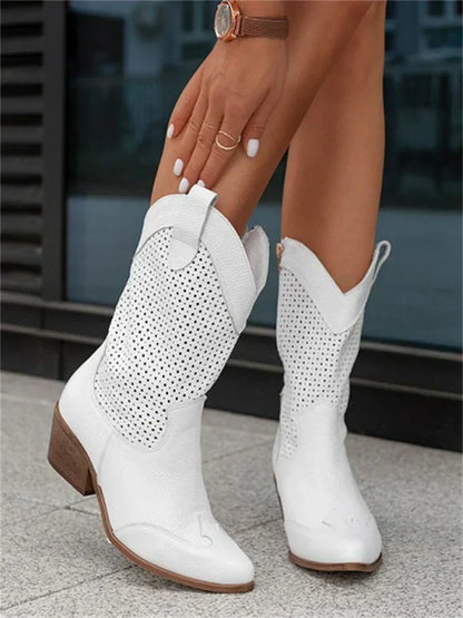 Cowboy boots for women with perforated detail and block heel