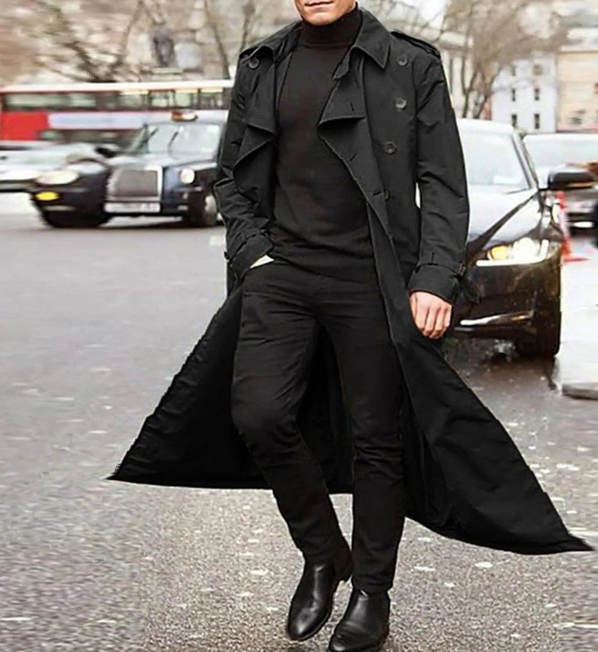 Men's double breasted trench coat, long belted coat with lapels