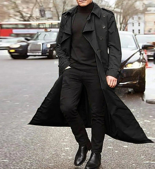 Men's double breasted trench coat, long belted coat with lapels
