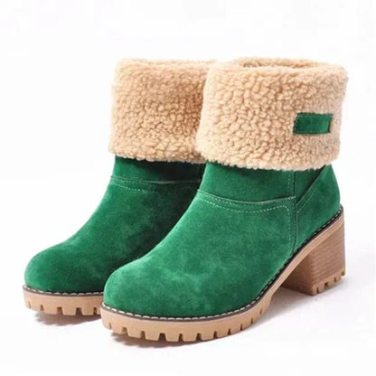 Women's winter boots with chunky block heel and fold over cuff