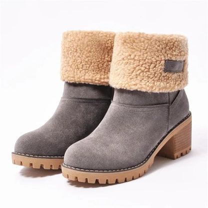 Women's winter boots with chunky block heel and fold over cuff