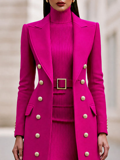 Double breasted coat and turtleneck midi dress set for women