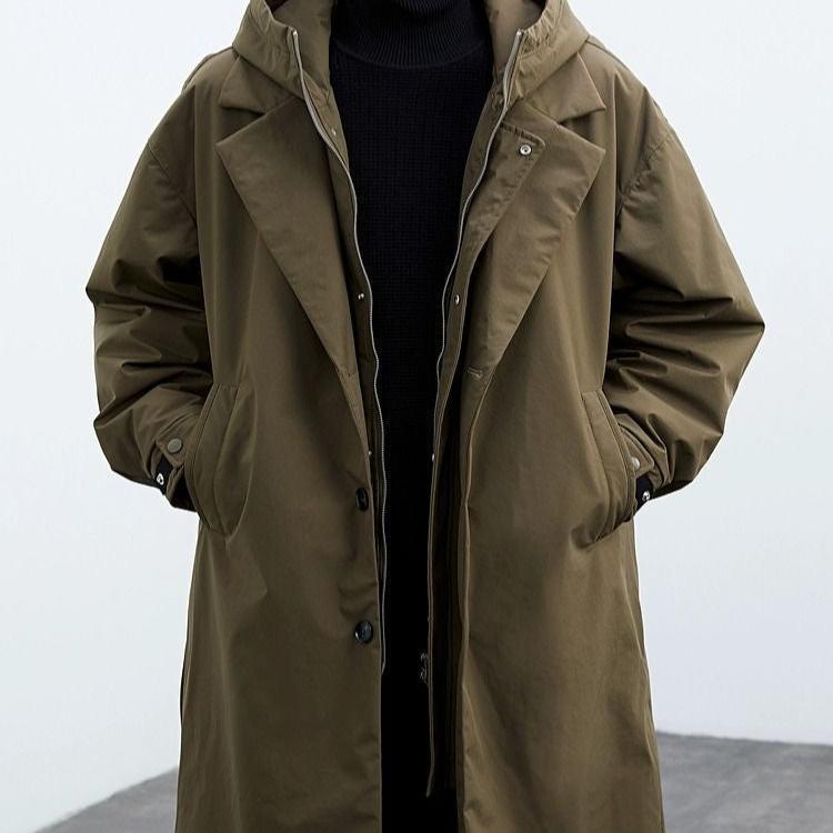 Oversized long coat for men with hood and lapel collar