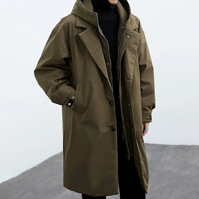 Oversized long coat for men with hood and lapel collar
