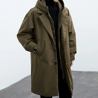Oversized long coat for men with hood and lapel collar