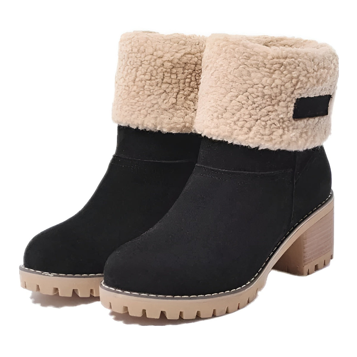 Women's winter boots with chunky block heel and fold over cuff
