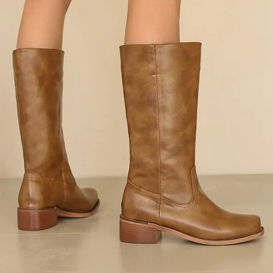 Knee high boots for women with square toe, block heel and stitched ankle panel detail