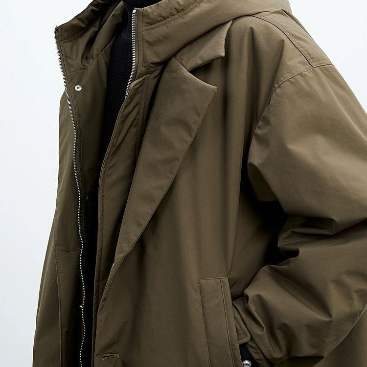 Oversized long coat for men with hood and lapel collar
