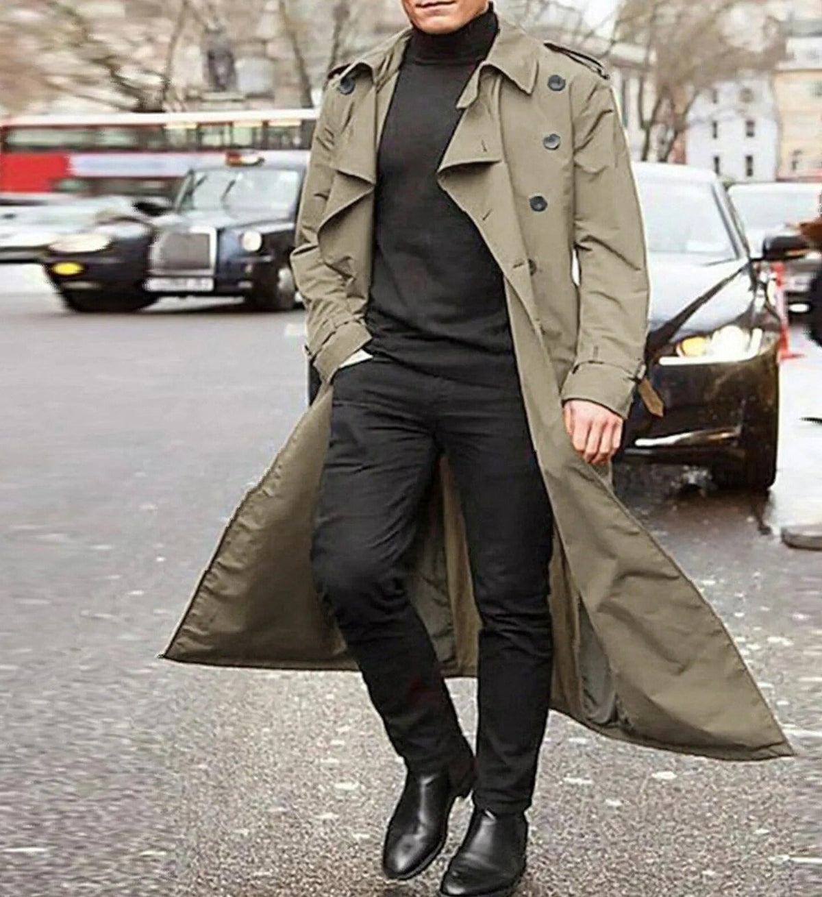 Men's double breasted trench coat, long belted coat with lapels