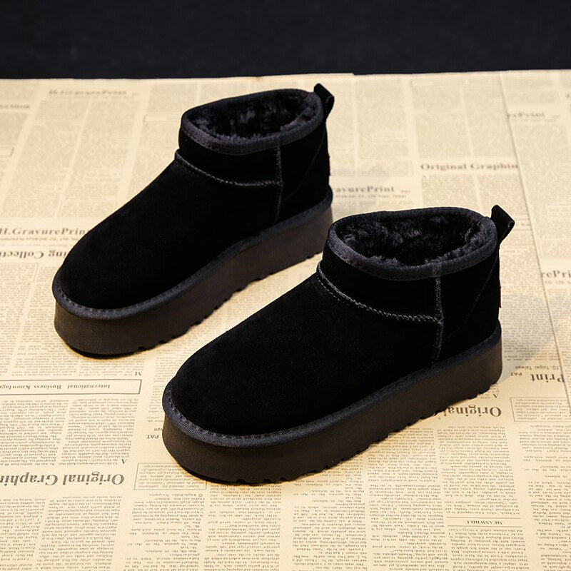 Snow boots for women, slip-on platform ankle boots with thick sole