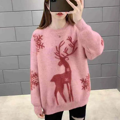 Womens christmas sweater with reindeer and snowflake design, oversized fit, ribbed cuffs