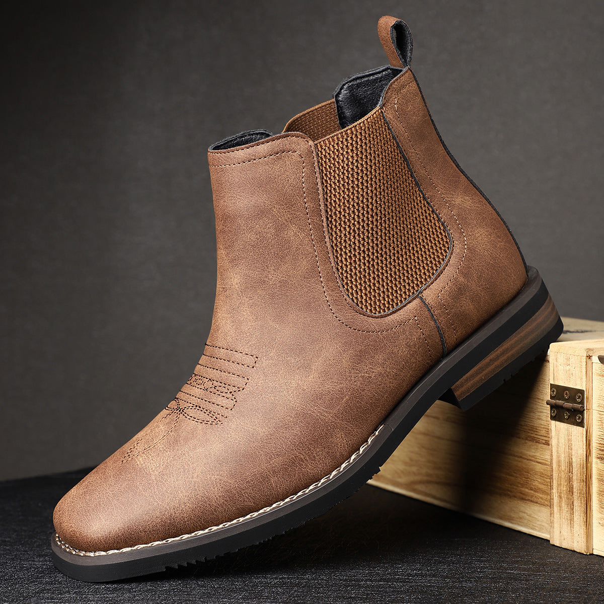 Chelsea boots for men with square toe and western stitching
