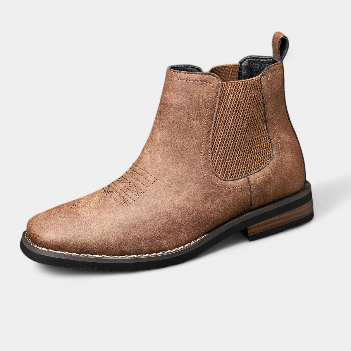 Chelsea boots for men with square toe and western stitching