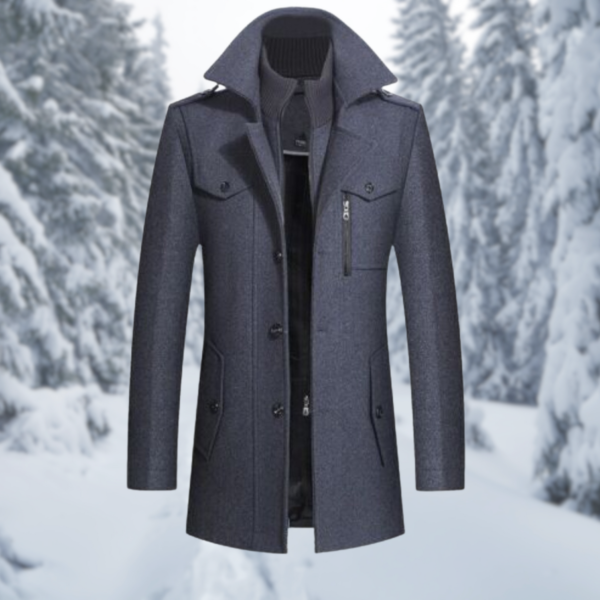 Coat for men with removable collar insert, single breasted and mid length