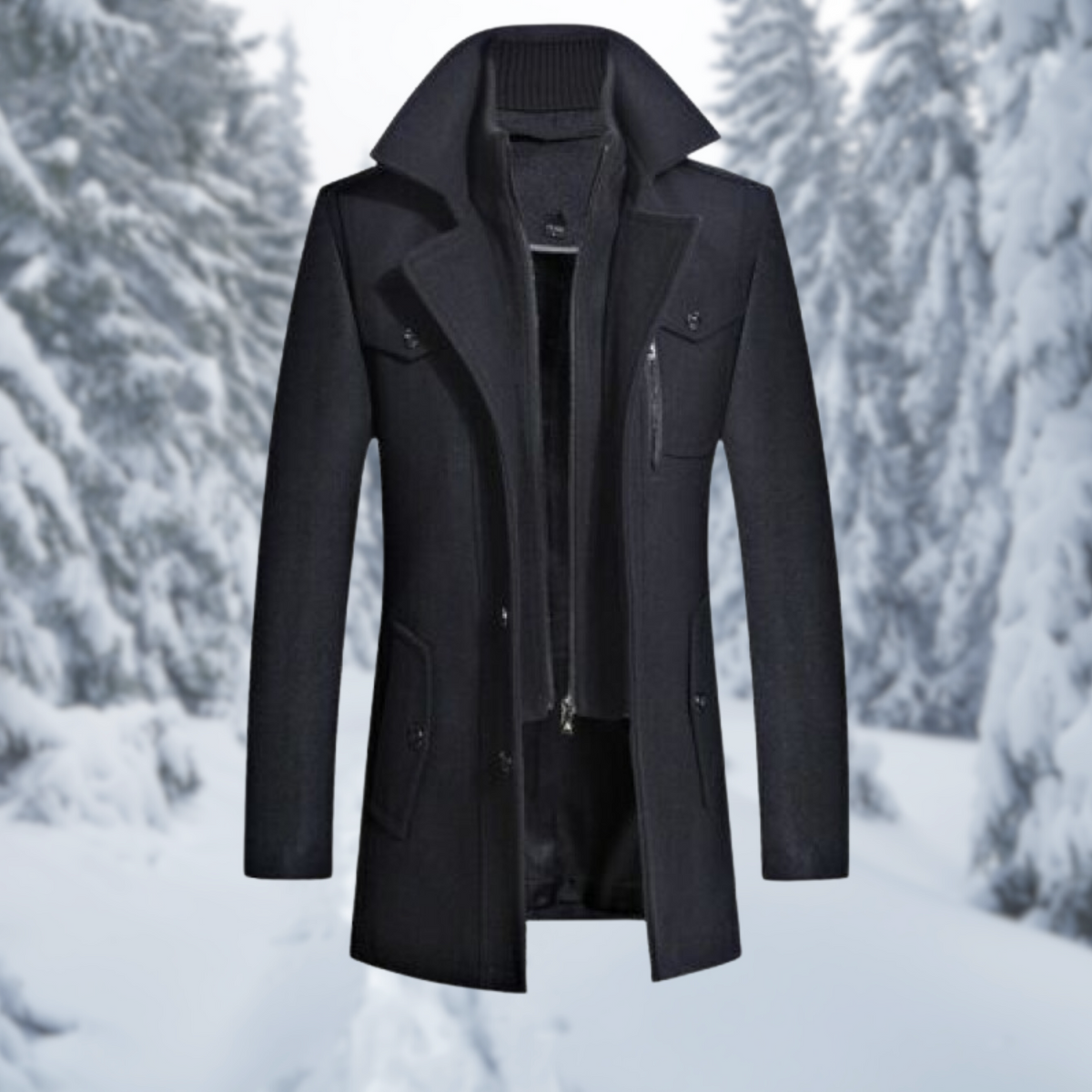 Coat for men with removable collar insert, single breasted and mid length