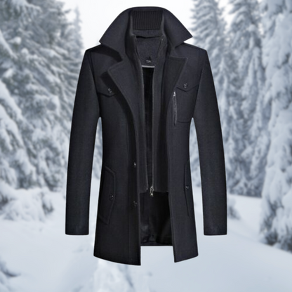 Coat for men with removable collar insert, single breasted and mid length