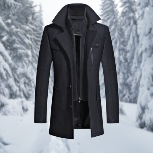 Coat for men with removable collar insert, single breasted and mid length