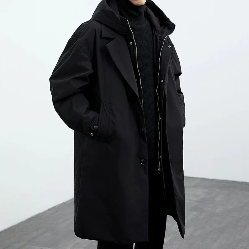 Oversized long coat for men with hood and lapel collar