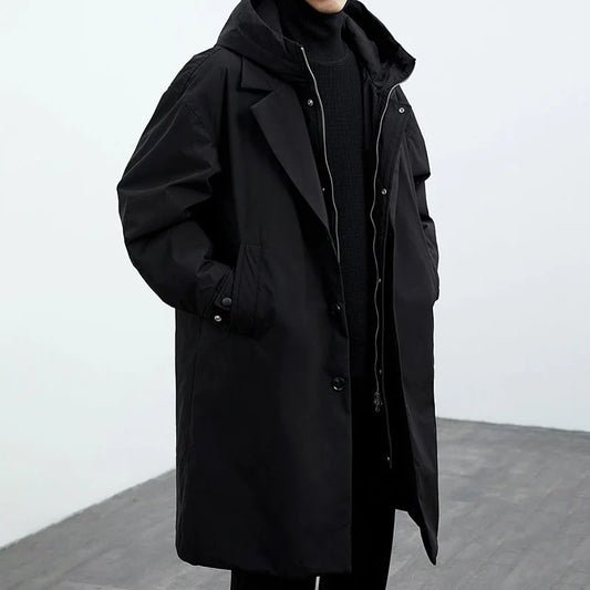 Oversized long coat for men with hood and lapel collar