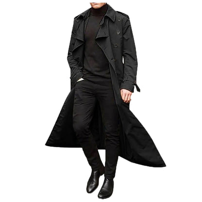 Men's double breasted trench coat, long belted coat with lapels