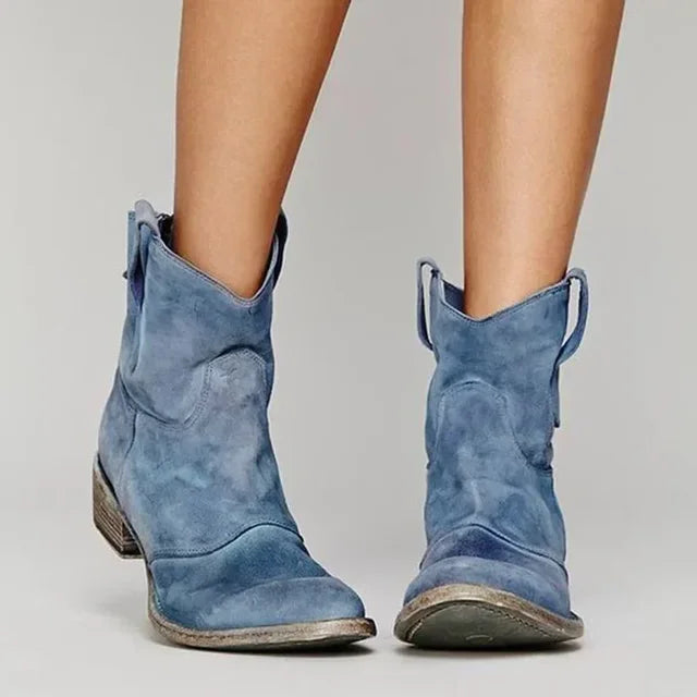 Ankle cowboy boots for women with pull tabs, pointed toe and low block heel