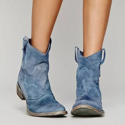 Ankle cowboy boots for women with pull tabs, pointed toe and low block heel
