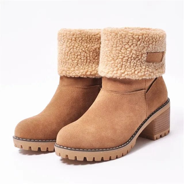 Women's winter boots with chunky block heel and fold over cuff