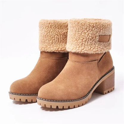 Women's winter boots with chunky block heel and fold over cuff