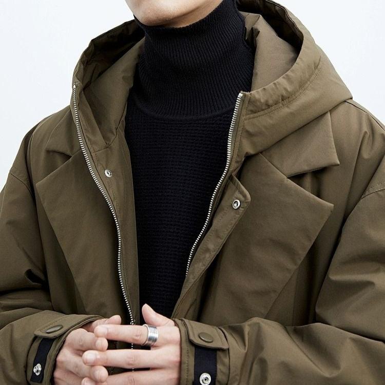 Oversized long coat for men with hood and lapel collar