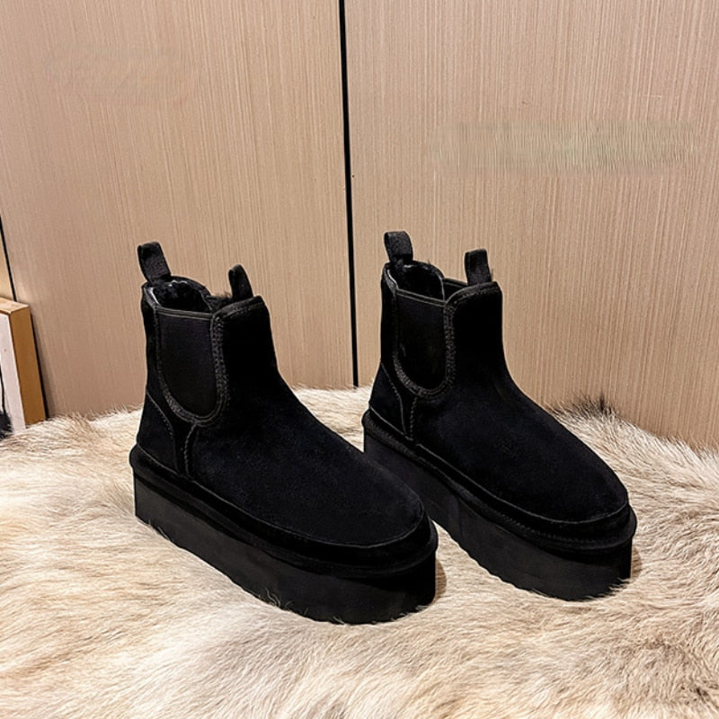 Snow boots for women, slip-on platform ankle boots with thick sole