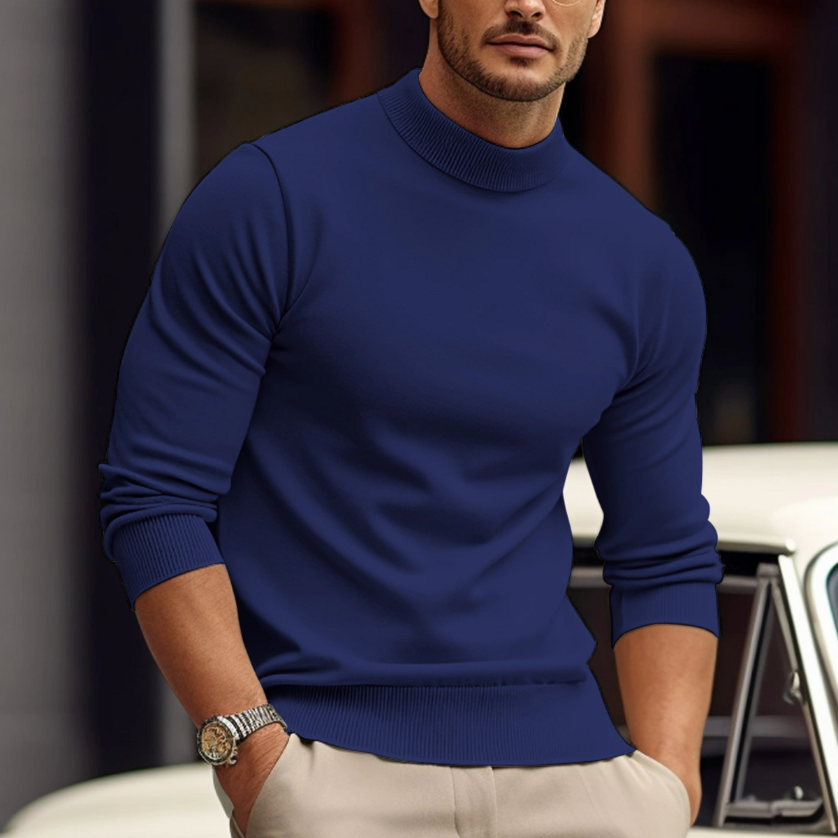 Mock neck sweater for men, slim fit long sleeve pullover