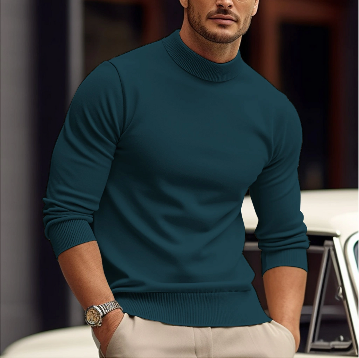 Mock neck sweater for men, slim fit long sleeve pullover