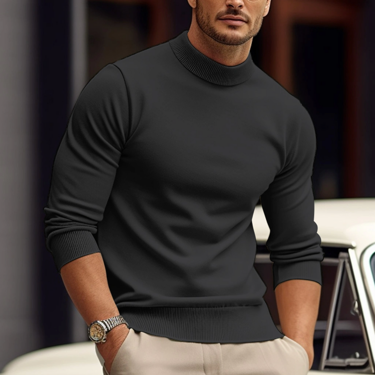 Mock neck sweater for men, slim fit long sleeve pullover