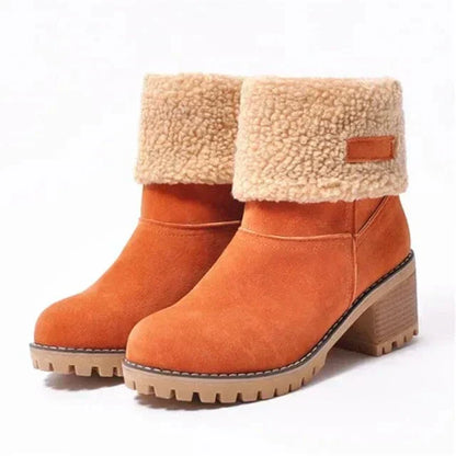 Women's winter boots with chunky block heel and fold over cuff