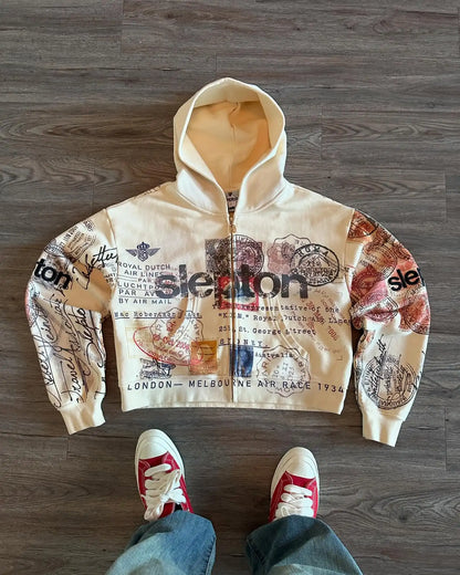 Zip up hoodies for women with oversized fit and all-over stamp print