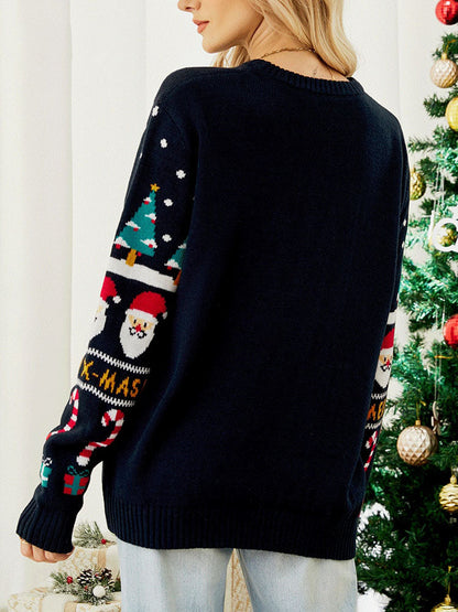 Womens Christmas sweater with Santa and tree pattern, crew neck