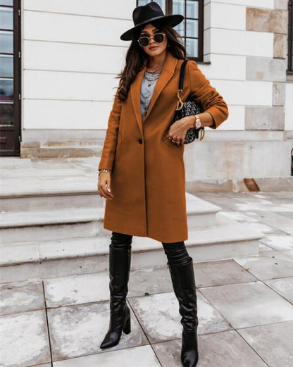 Single breasted long coat for women with notch lapel and flap pockets