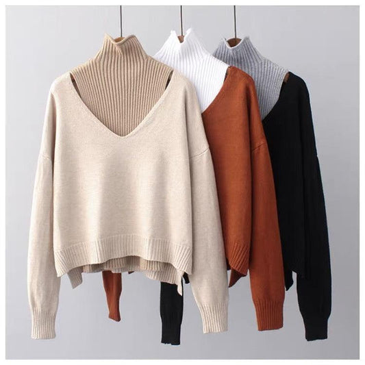 Women's sweaters with layered turtleneck and V-neck design
