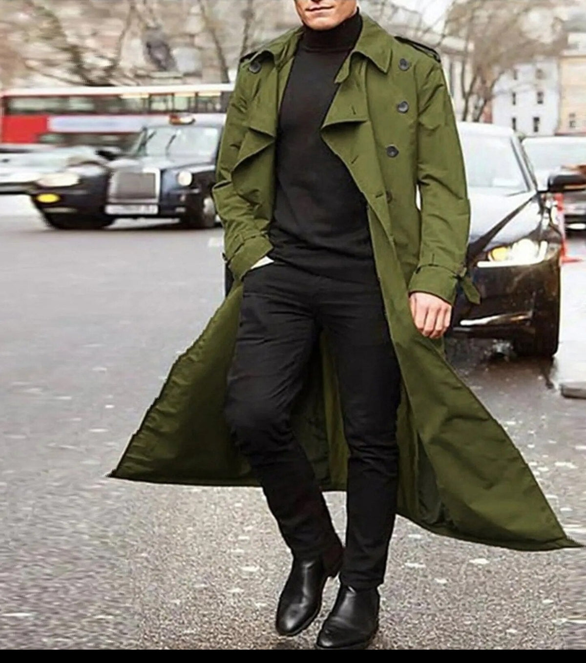 Men's double breasted trench coat, long belted coat with lapels