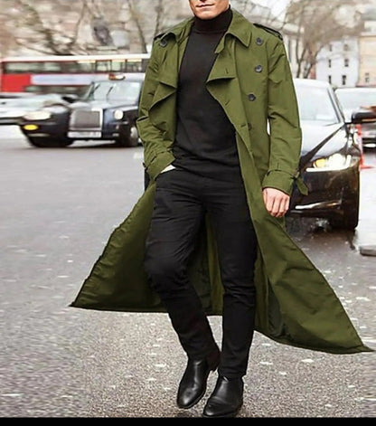Men's double breasted trench coat, long belted coat with lapels