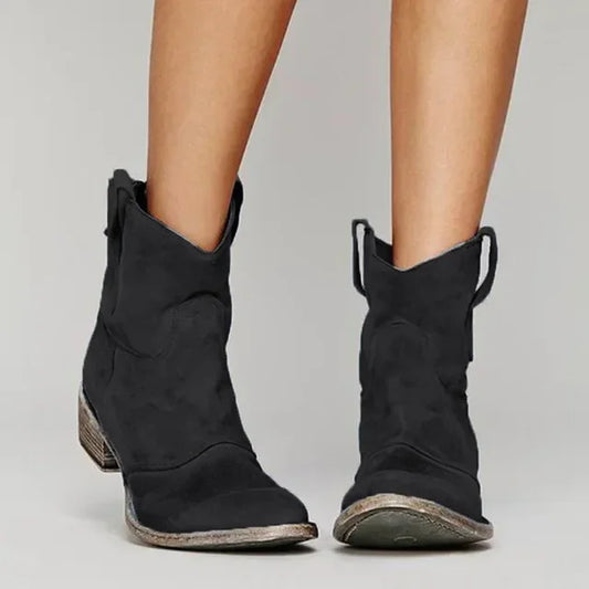Ankle cowboy boots for women with pull tabs, pointed toe and low block heel