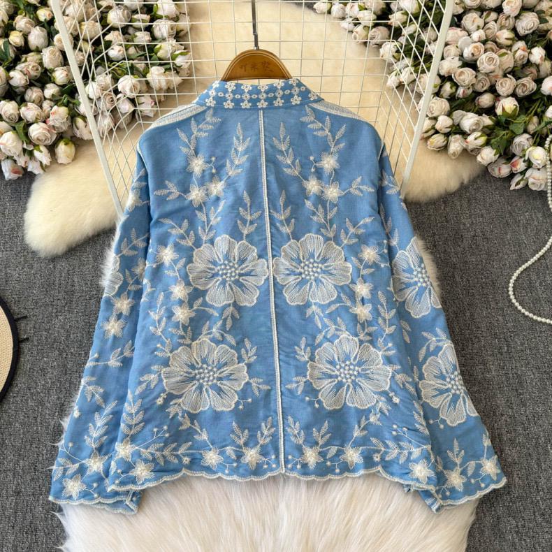 Embroidered shirts for women with scalloped hem, bow collar details and relaxed fit