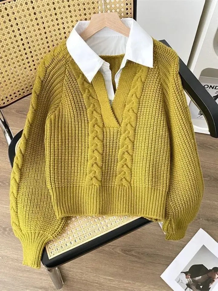 Women's sweaters with attached collar and cable knit V-neck