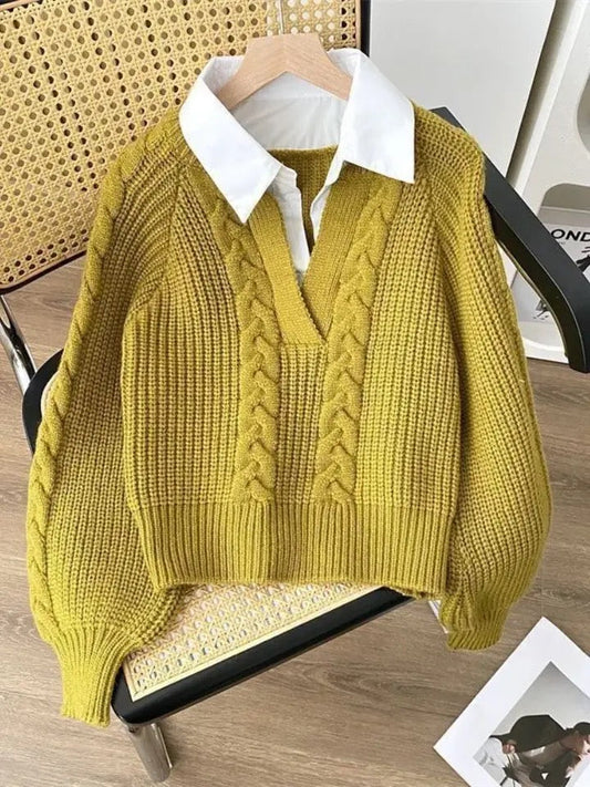 Women's sweaters with attached collar and cable knit V-neck