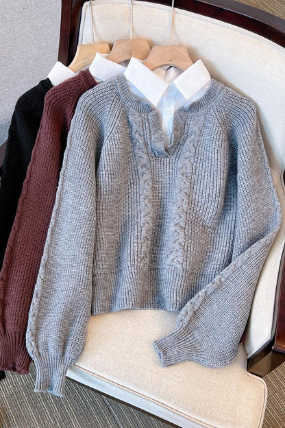 Women's sweaters with attached collar and cable knit V-neck