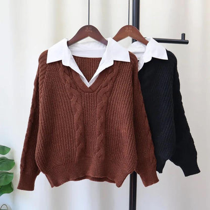 Women's sweaters with attached collar and cable knit V-neck