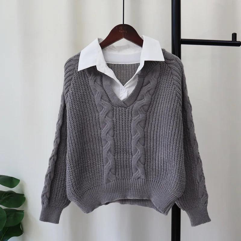 Women's sweaters with attached collar and cable knit V-neck
